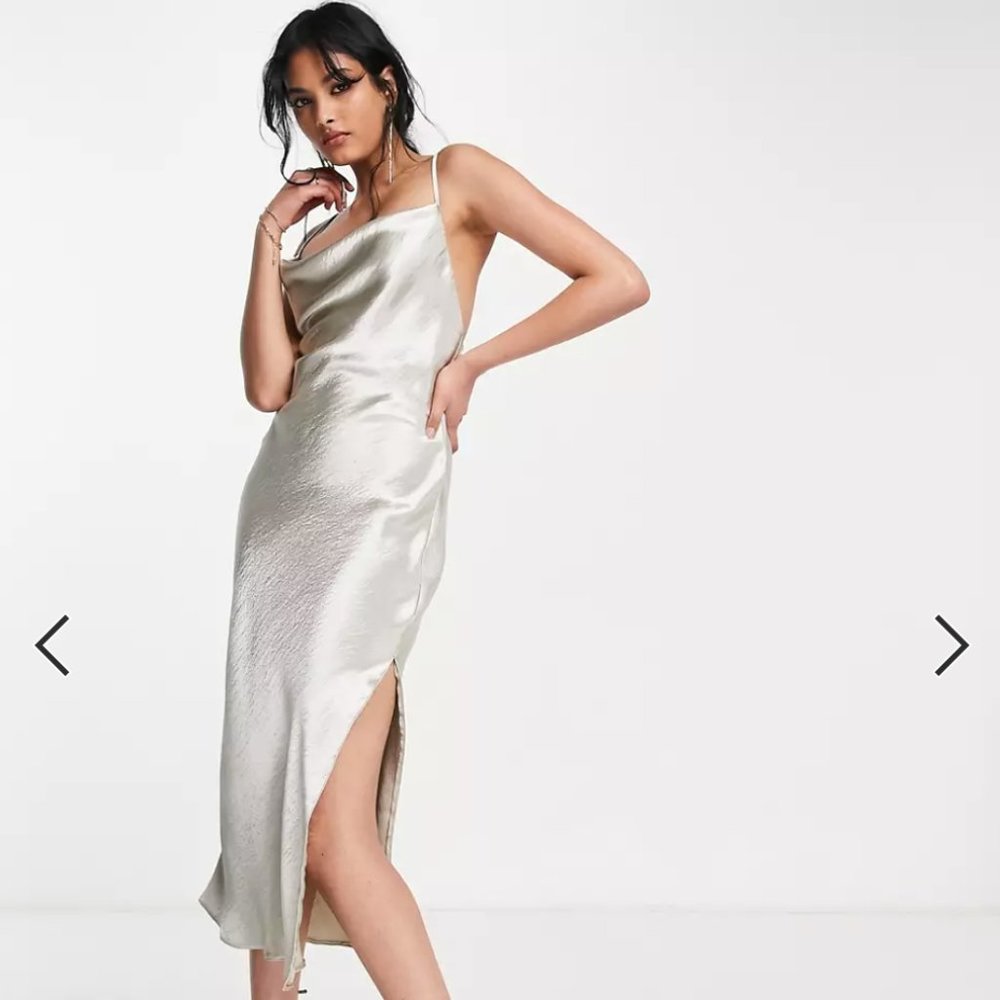 ASOS DESIGN satin lace up back midi dress in oyster